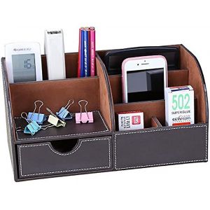 Bo&icirc;te de rangement en cuir &agrave; 7 compartiments pour accessoires de bureau (marron) 28,5 x 14,5 x 14,5 cm, une - Neuf