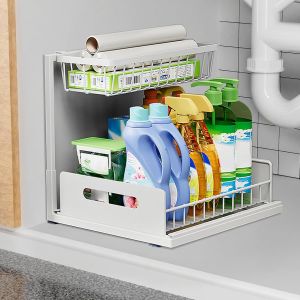 Organiseur Sous &Eacute;vier,Organiseur De Placard Coulissant &Agrave; 2 Niveaux,&Eacute;tag&egrave;re De Rangement Coulissante Pour &Eacute;vier Avec Ventouses Am&eacute;lior&eacute;es Pour Armoire De Cuisine Et De Salle De Bain (Blanc) - Neuf