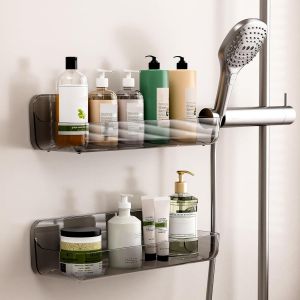 Lot De 2 Étagère Salle De Bain, Acrylique Étagère Douche Sans Perçage, Porte Shampoing Gel Douche, Paniers Rangement Mural Pour Salle De Bain Cuisine, Gris-Long Panier - Neuf