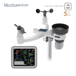5 in 1 Wireless Weather Station, Indoor Outdoor Solar Weather Station, with VA Screen 190.5mm, Sensor, Forecast, Temperature, Humidity, Wind Speed and Direction, Rainfall - Neuf