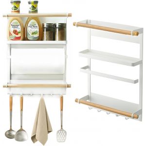 Chenquansarl-Tagère Magnétique À Épices Pour Réfrigérateur ¿ Rangement 3 Niveaux Avec 6 Crochets, Design Bois ¿ Support De Cuisine Pour Épices, Torchons, Bocaux & Essuie-Tout - Neuf