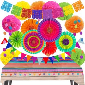 LETNERNY-Ensemble De Décorations De Fête Fiesta ¿ Bannières Mexicaines Et Nappe De Table, Éventails En Papier Fiesta Et Pompons, Fournitures De Fête Sur Le Thème Du Cinco De Mayo Coco - Neuf