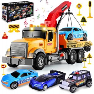 KAJGL-Ensemble De Dépanneuse Jouet-Inclut 3 Véhicules,12 Panneaux De Signalisation,1:16 Camion Dépanneuse Jouet Pour Enfant Avec Lumière Et Son,Transporteur Voiture,Camion Cadeau Enfant - Neuf