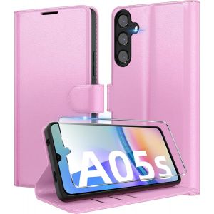 TRAHOO-Coque pour Samsung Galaxy A05s + 1 Verre Tremp&eacute; Protection &eacute;cran,[Housse Premium en Cuir PU][Fentes pour Cartes][Pochette de Portefeuille],Etui &agrave; Rabat pour Samsung A05s - Rose - Neuf