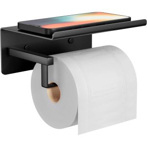 CAUC-Porte Rouleau Papier Toilette Mural avec Etag&egrave;re, Adh&eacute;sif pour Salle de Bain, sans Percage Derouleur Papier Toilette WC -Noir Mat - Neuf
