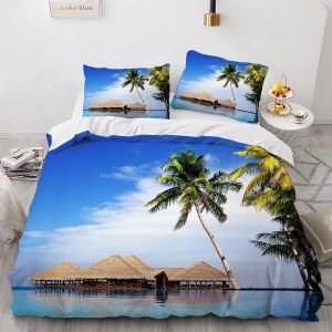 X Cm Housse De Couette Polyester Coton Housse De Couette X Avec Deux Taies D'oreiller X Cm Paysage De Plage Parure De Lit Anti-Allergique - Neuf
