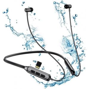 KAL-Écouteurs Bluetooth 5.0 Intra-Auriculaires De Sport, Écouteurs Tour De Cou Sans Fil Prend En Charge La Carte Tf, Avec Microphone/Ipx5/25 Heures De Lecture, Noir - Neuf