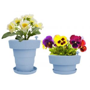 Pot de fleurs &agrave; arrosage automatique avec bac de drainage et de r&eacute;cup&eacute;ration, bleu, pliable, mat&eacute;riau TPR, diam&egrave;tre 18,3 cm - Neuf