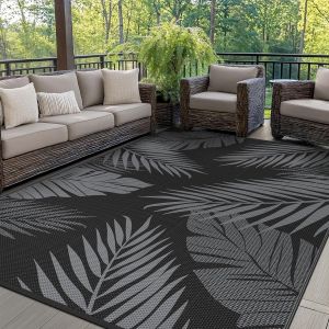 Mevronisshop-Tapis Exterieur Resistant Pluie,Reversible Recyclable R&eacute;sistant Aux Uv Tapis Ext&eacute;rieur Terrasse, Tapis Plastique Exterieur Pour Balcon, Jardin, Camping, Barbecue, 240x300cm, Noir & Gris - Neuf