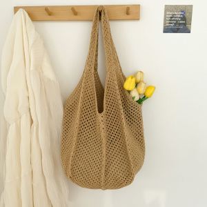 Sac fourre-tout en Crochet pour femmes,sac tricot&eacute; de grande capacit&eacute;,fourre-tout ajour&eacute;,sac &agrave; bandouli&egrave;re tiss&eacute; de couleur unie pour la plage d'&eacute;t&eacute; - Neuf