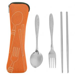 Baguettes Portatives De Fourchette De CuillèRe D'acier Inoxydable Avec Le Sac De Rangement Ensemble De Vaisselle De Camping (Orange) - Neuf
