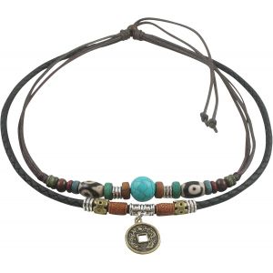 Collier Boh&egrave;me Double Cordon Avec Pendentif Pi&egrave;ce Chinoise &iquest; Cuir Tress&eacute; Noir & Chanvre Brun, Perles Turquoise Et Bois &iquest; Ajustable 38 Cm - Neuf
