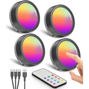 Lampe De Placard Led Rechargeable Avec Telecommande, Batterie De 1600mah Spot Led Rgb Sans Fil Usb Éclairage Vitrine Couleur Spot Autocollant Cuisine Sous Meuble Tactile Lumiere Armoire A Pile Noir - Neuf
