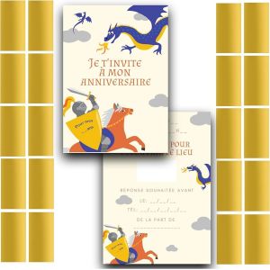 lbgwp60-Kit Créatif Premium Ludique Et Participatif De 20 Cartes D'Invitation Anniversaire À Gratter Thème Chevalier En Français 20 Cartons Et 20 Autocollants Magiques Dorés À Gratter - Neuf