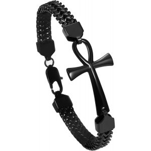 Eryi-Bracelet Gourmette Croix Pour Homme : Jésus Croix Bible Bracelet En Acier Inoxydable Vintage Ankh Croix Bracelet Poignet Bijoux Cadeau Pour Hommes Famille Ami - Neuf