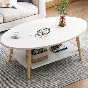 SUBZONAL-Table Basse Ovale Moderne Table,Double Couche en Bois avec &eacute;tag&egrave;re &Eacute;paisseur de la Planche 15 mm, Blanc End Table avec Pieds en pin pour Salon et Appartement(100x40x40) - Neuf