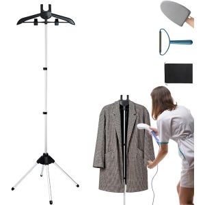 MEVRONISSHOP-Cintre pour d&eacute;froisseur, support r&eacute;glable pour d&eacute;froisseur &agrave; main avec gant de repassage et rasoir &agrave; peluches, tr&eacute;pied t&eacute;lescopique, cintre suspendu pour d&eacute;froisser les v&ecirc;tements (Noir) - Neuf