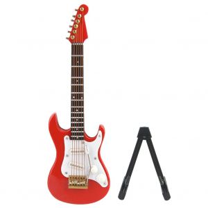 Mini guitare electrique en bois de 14 cm, modele de decoration delicat, collection avec support (rouge) - Neuf