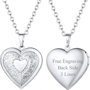Kal-Collier Porte Photo Femme Pendentif Coeur Avec Motifs Personnalisable Chaîne Plaqué Or 50+5cm/2,5mm Bijoux Tendance Cadeau Anniversaire Noël Fête Des Mère - Neuf