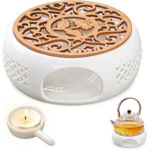 CMWS-Chauffe-Th&eacute; en C&eacute;ramique: R&eacute;chaud pour Th&eacute;i&egrave;re avec Porte-Bougie et Tapis de Po&ecirc;le, Chauffe-Th&eacute;i&egrave;res Universel Base Design Creux Sculpt&eacute; pour Conservation de Chaleur du Th&eacute; et du Caf&eacute; (Blanc) - Neuf