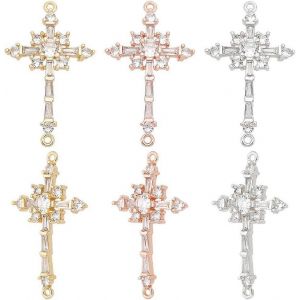 Lot De 6 Breloques Connecteurs En Laiton Serties De Zirconiums Cubiques Transparents, Couleurs Assorties, 34 X 20 X 4 Mm, Trou : 1 Mm, 2 Pièces Par Couleur - Neuf