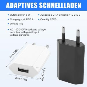 Lot De 6 Fiches De Chargeur Usb,Adaptateur Usb 5 V/1 A,Prise Pour C&acirc;ble De Charge,Bloc D'alimentation 5 W Avec Faible Consommation D'&eacute;nergie Pour Banques D'alimentation,Casque Bluetooth,Petit - Neuf