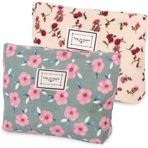 MAA-Lot de 2 trousses de maquillage en toile avec motif fleur de cerisier - Trousse de toilette en velours côtelé avec fermeture éclair pour femmes et filles, Vert, beige, 26 x 18 cm, Moderne - Neuf
