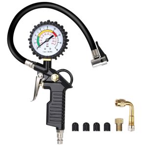 MEVRONISSHOP-Manometre Pression Pneu, Num&eacute;rique Manom&egrave;tre Pneu, Pistolet de Gonflage Manom&egrave;tre Avec 4 Bouchons de Valve//un Adaptateur de Buse &agrave; Air Fran&ccedil;ais//une Tige de Rallonge en M&eacute;tal de 90 Degr - Neuf