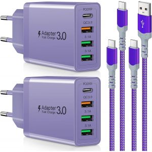 4-Port Chargeur Rapide Avec Cable Usb C Vers Usb C, 35w Chargeurs Pour Téléphones Portables, Adaptateur Prise Murale Usb Pour Galaxy S22/S20/S10/S9/Note10/20/20 Ultra/A50/A50s/A51 5g(Violette) - Neuf