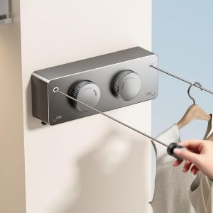 Fil Linge Ext&eacute;rieur Retractable Support MuralExtensible Corde A Linge Retractable Interieur Etendoir Linge Exterieur Etendoir Mural Exterieur Sechoir Mural Interieur 4.6m(Gris) - Neuf