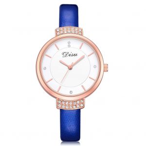 Disu Alliage Bo&icirc;tier Pu Bracelet Quartz Mouvement Analogique Cadran Rond Montre-Bracelet (Bleu) - Neuf