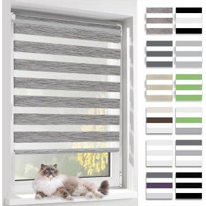 Store Enrouleur Jour Nuit, Tissu Double, Rideau Sans Per&ccedil;age, Translucide Occultant Et Protection Vie Priv&eacute;e,Pour Fen&ecirc;tre Et Porte,Lin Gris,60l X 130l Cm - Neuf