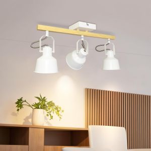 Plafonnier Industriel Spots Et Rails De Spots, 3 Spots Led Orientable Avec Douille E14, Luminaires Int&eacute;rieur Avec Base Rectangulaire En Bois, Pour Cuisine Chambre Salon, Blanc (Sans Ampoule) - Neuf
