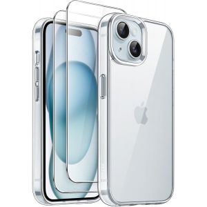 KALANKA-3 en 1 Coque pour iPhone 15 6,1 Pouces avec Lot de 2 Films de Protection D'&eacute;cran en Verre Tremp&eacute;, &Eacute;tui Housse de T&eacute;l&eacute;phone Antichoc Anti-Jaunissement (Transparente) - Neuf