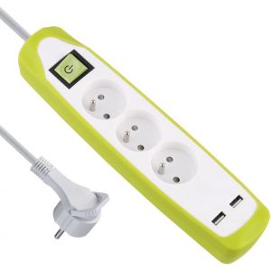 Gummy 35603 Bloc Multiprise 3 prises et 2 USB - couverture en silicone protection contre chocs - c&acirc;ble 2 mt - fiche plat - Neuf