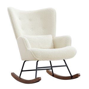Fauteuil &agrave; Bascule Scandinave HOMEMIYN - Confort Velours Beige et Structure Bois-M&eacute;tal - Neuf