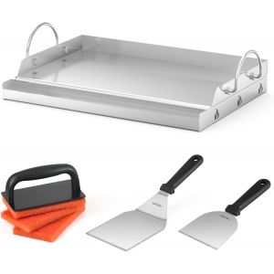 Ulteronixshop-Onlyfire Plaque Plancha en Inox avec Spatules et 2 &Eacute;ponges de Nettoyage, 50 x32 x7 cm, Plaque de Cuisson Universelle pour Barbecue, Rectangulaire, Poign&eacute;e Amovible - Neuf