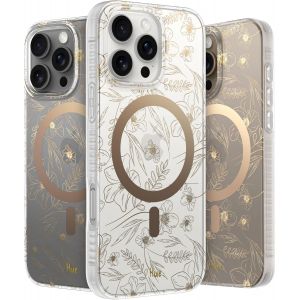 MEVRONISSHOP-Hue Coque Magn&eacute;tique pour iPhone 16 Pro Compatible avec Magsafe - Pare-chocs &agrave; 360&deg; - Coque de t&eacute;l&eacute;phone mignonne et unique pour filles et femmes &iquest; Fleur dor&eacute;e - Neuf
