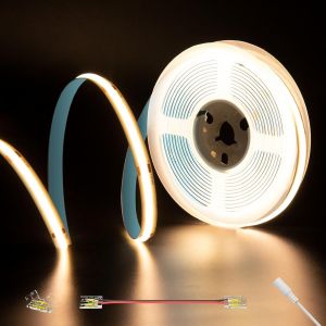 Ruban Led Cob Blanc Chaud 3000k Dc24v, 5m 480leds/M Cri90+ Ruban Led Flexible Lumineux Pour &Eacute;clairage Domestique Diy, Projet D'ing&eacute;nierie Avec Connecteur Cob 8mm (Alimentation Non Incluse) - Neuf