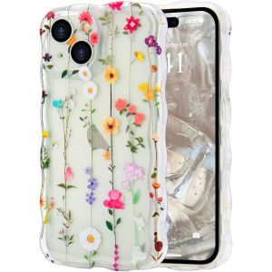 Eryi-Coque Pour Iphone 15 Clair Transparent Avec Cadre Ondulé Bouclé, Housse Etui Motif De Fleur Florale Mignon Pour Femme Fille,Bumper Case Protection Antichoc En Silicone Souple,Fleur 3 - Neuf