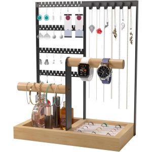 Tianyi-Porte Bijoux Femme, Présentoir Arbre À Bijoux Porte Boucle D'oreille À 4 Niveaux, Présentoir Collier Avec Plateau Et Crochets Pour Chaînes, Bagues, Bracelets, Montres, Noir - Neuf
