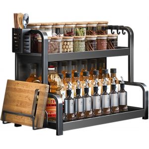 Mevronisshop-Tag&egrave;re &Agrave; &Eacute;pices Debout &Agrave; 2 &Eacute;tages - Grande Capacit&eacute; - En Acier Inoxydable - Pour Plan De Travail - Avec Porte-Ustensiles - Support De Planche &Agrave; D&eacute;couper - Avec 4 Crochets - Noir - Neuf