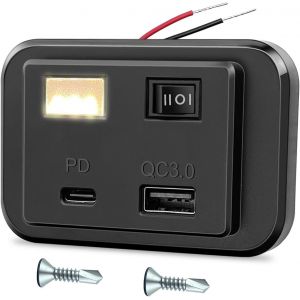 Chargeur De Voiture 12 V Double Usb C Pd3.0 + Qc3.0 Avec Interrupteur Et Veilleuse Led, Dc 12 V-26 V Usb &Agrave; Charge Rapide, Adaptateur Ext&eacute;rieur Pour Camping-Car, Moto, Bateau, Camion, Acc&egrave;s - Neuf
