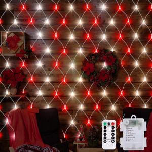 Jgd-Filet Lumineux De No&euml;l Rouge Et Blanc &Agrave; Piles, 1,5 M X 1,5 M, 100 Led, 8 Modes Avec T&eacute;l&eacute;commande, Filet Lumineux Ext&eacute;rieur Pour Jardin, Balcon, D&eacute;coration - Neuf