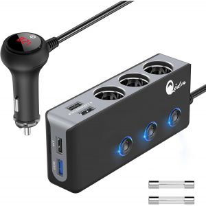 Eryi-Quick Charge 3.0 Adaptateur Allume-Cigare 120w, 12v/24v Cc 3 Prises Chargeur De Voiture Avec Interrupteur Principal De Voltmètre Led, 8.5a 4 Ports Usb Rapides, Trois Marche/Arrêt Indépendants - Neuf