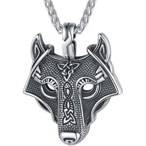 Kal-Collier Viking Homme Pendentif Loup Fenrir Plaqué Or/Noir/Acier Inoxydable Avec Chaîne Réglable 55+5cm,Bijoux Vikings Nordique Amulette Porte Bonheur Cadeau Pour Femme Garçon - Neuf