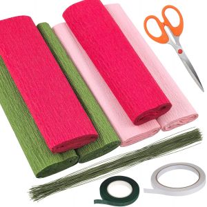 KALANKA-39Pcs 3Colors 9,8 x 98 Pouces Feuilles de Papier Cr&ecirc;pe Rouleaux Avec Fil de Tige Floral, Ruban, Double Face et Ciseaux Kit d'assortiment, 8.2ft Floriation Kit d'arrangement pour la D&eacute;coration - Neuf