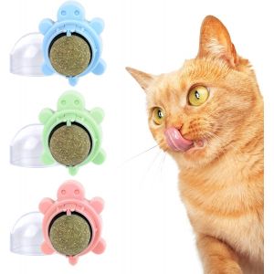 KAL-Boules D'Herbe À Chat,3 Pièces Boule Herbe A Chat, 360 Degrés Boule D'Herbe À Chat,Boule Herbe A Chat Murale,Auto-Adhésif Balle Murale Comestible Pour Nettoient Les Dents (Tortue) - Neuf