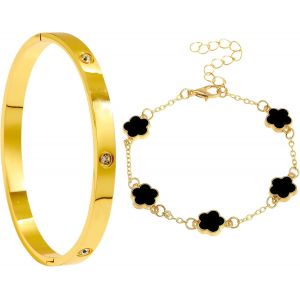 Kalanka-Bracelet Trèfle Chanceux Femme, Ensemble De 2 Bracelets Femme En Acier Inoxydable Plaqué Or 18 Carats, Bijoux Trèfle À 4 Feuilles Pour Mariages, Anniversaires, Fêtes Et Cadeaux Chanceux - Neuf