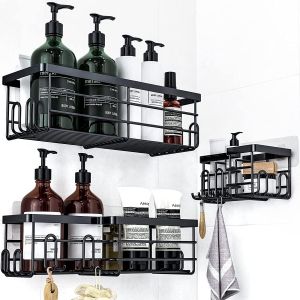 Cauc-Etag&egrave;re De Salle De Bain Sans Per&ccedil;age - 3 Pcs Porte Shampoing Gel Douche Angle Antirouille - Etag&egrave;re De Rangement Pour Salle De Bain De Grande Capacit&eacute; (Lot De 3 Carr&eacute;s Noir) - Neuf